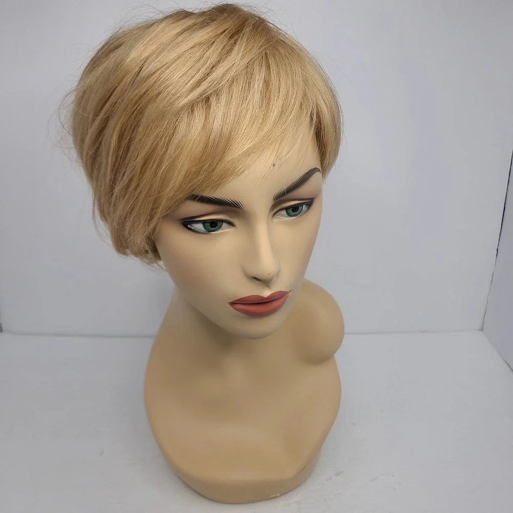 Human Hair Wig Blonde Pixie Cut‎ Capless Mono Top Clip In Breathable Wefted Back